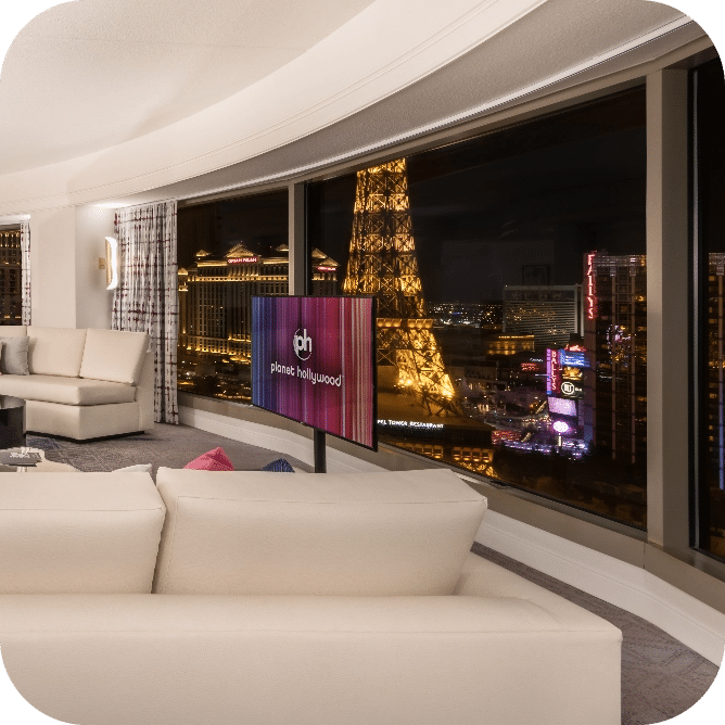 resort room with eiffel tower view